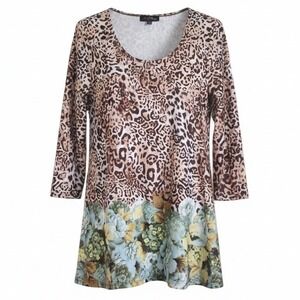 Slinky Brand M Animal Print & Floral Top Blouse‎ Stretch 3/4 Sleeve USA